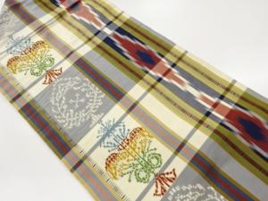 格子に抽象草花模様織出し名古屋帯